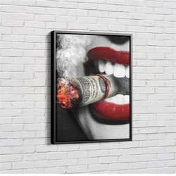 smoking woman poster red lips money cigar canvas unique design wall art print hand made ready to hang custom design