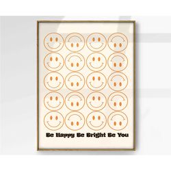 smiley face poster, retro art, groovy art, 70s wall art, happy face print, aesthetic room decor, dorm wall art, cute pos