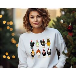 chicken christmas lights sweatshirt, farm animal christmas shirt, funny chicken lover sweater, christmas chicken crewnec