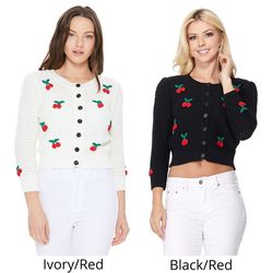 yemak women's cherry pom pom 3/4 sleeve cropped honeycomb knit cardigan sweater mk3515 (s-l)