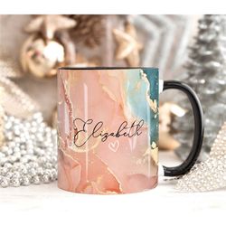 peach marble mug, personalised mug, custom name cup, coffee tea cup gift for her, valentines gift for her him, sister mu