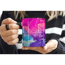 pink marble mug, personalised mug, custom name cup, coffee tea cup gift for her, valentines gift for her him, sister mum