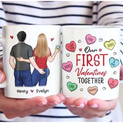 personalized couples first valentines together mug, custom valentine day gift for couples boyfriend girlfriend, cute hea