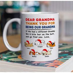 personalized dog grandma christmas mug, custom christmas dog sleeping mug, thank you for being my grandma, dogs name xma