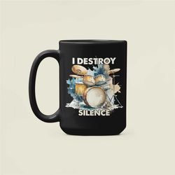 i destroy silence drum mug, drummer gifts, funny drumming coffee cup, drum lover present, drum player birthday gifts, dr