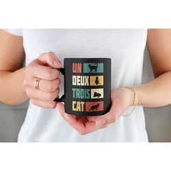 french cat mug, un deux trois cat mug, cat lover gift, funny cat cup, pet cat gift, gifts for cat owners, crazy cat lady
