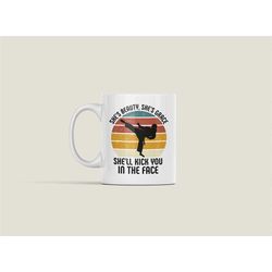 karate woman gifts, taekwondo mug for lady, girl kung fu coffee cup, she's beauty and she's grace she'll kick you in the