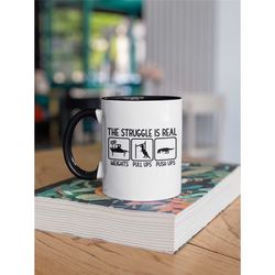 the struggle is real trex mug, funny tyrannosaurus rex coffee cup, t rex workout gifts, short arms t-rex, funny dinosaur