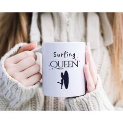 surfing queen cup, unique surf mug, surf gift for her, gift for best surfer, surfing design, wife, surfboard mug, water