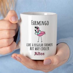 personalized 'farmingo' mug, custom flamingo gift for agronomists, portmanteau, nature lover, garden owner, employee app