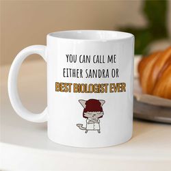 custom 'best biologist ever' mug, personalized gift for bio graduate, science teacher, cat in lab coat, men & women, pro