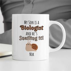 personalized biology mug, 'snailing it', custom gift for bio graduate, science teacher, men & women, son, professor appr