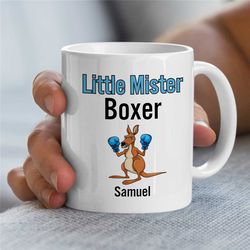 personalized 'little mister boxer' mug, custom gift for boxing fan, kangaroo, coach appreciation, husband, office, fight