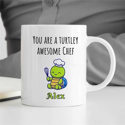 personalized 'turtley awesome chef' mug, custom gift for cook, gastronomy appreciation, culinary school graduate, turtle