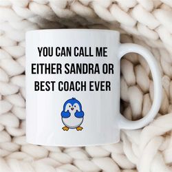 custom 'best coach ever' mug, personalized gift for motivational expert, penguin, thank you, graduation, profession, off