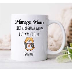 personalized 'manager mom' mug, cat in suit, custom gift for boss, coworker birthday, job appreciation, work office deco
