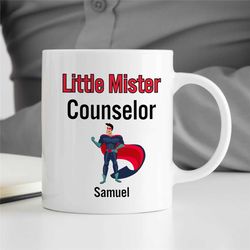 custom 'little mister counselor' mug, personalized superhero gift for therapist, bcba birthday, cbt work, aba, family th