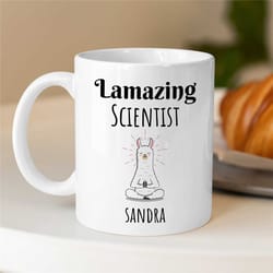 personalized 'lamazing scientist' mug, custom gift for chemistry professor, meditating lama, yoga doctoral advisor, rese