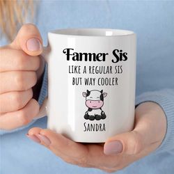 custom 'farmer sis' mug, cute cow, personalized gift for agronomists, nature lover, garden owner, employee appreciation,