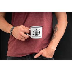 pitching tents enamel camping mug | funny gift idea for an outdoor, camping, hiking, nature or adventure loving husband,