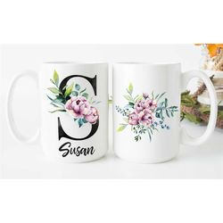 floral initial name mug