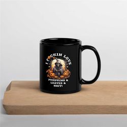 grim reaper funny halloween mug, fall campfire coffee mug, love pumpkins and leaves 11oz large mug, black, halloween