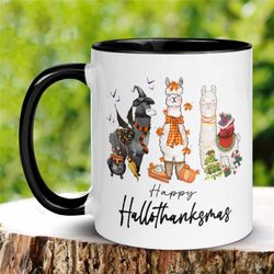 happy hallothanksmas llama mug, funny coffee mug, llama gifts, llama art, holiday mug, christmas mug, halloween mug, tha