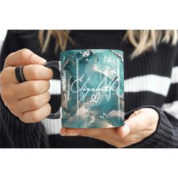 aqua marble mug, personalised mug, custom name cup, coffee tea cup gift for her, valentines gift for her him, sister mum
