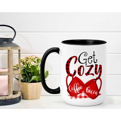 get cozy, cozy coffee mug, coffee please, black accent coffee mug, 15oz coffee mug, buffalo plaid coffee mug