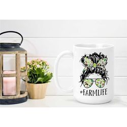 farm life mug, farmer wife, farmers, farmlife, messy bun, top knot, white mug, black mug, coloured mug, coffee mug