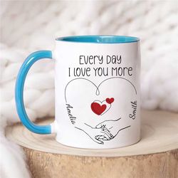 personalized valentines day mug - custom name coffee mug, valentines day holding hands mug, gift for her, anniversary, g