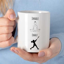 meditating baseball player mug, cup for fan, pitcher girlfriend, for her, coach, women, batting niece, softball, mother,