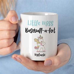 personalized 'little miss baseball-a-lot' mug, custom unicorn cup for fan, pitcher girlfriend, for her, coach, women, ni