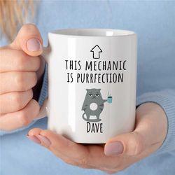 personalized mechanic mug, cat motif, purrfection, custom gift for gearhead, car lover dad, for him, motorbike & automot