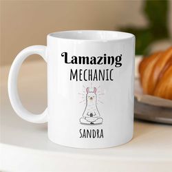 personalized 'lamazing mechanic' mug, llama, meditating, custom gift for gearhead, car lover dad, for him, motorbike & a