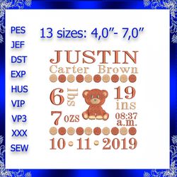 birth announcement template embroidery design instant download baby girl embroidery new baby embroidery bear birth kids