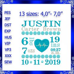 birth announcement template machine embroidery design instant download baby girl embroidery new baby embroidery heart