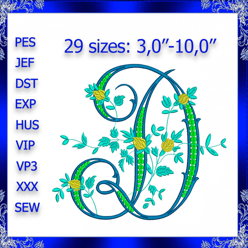 Letter D Monogram Embroidery Floral D Monogram Fancy Vine Monogram Embroidery Floral M Embroidery F 0