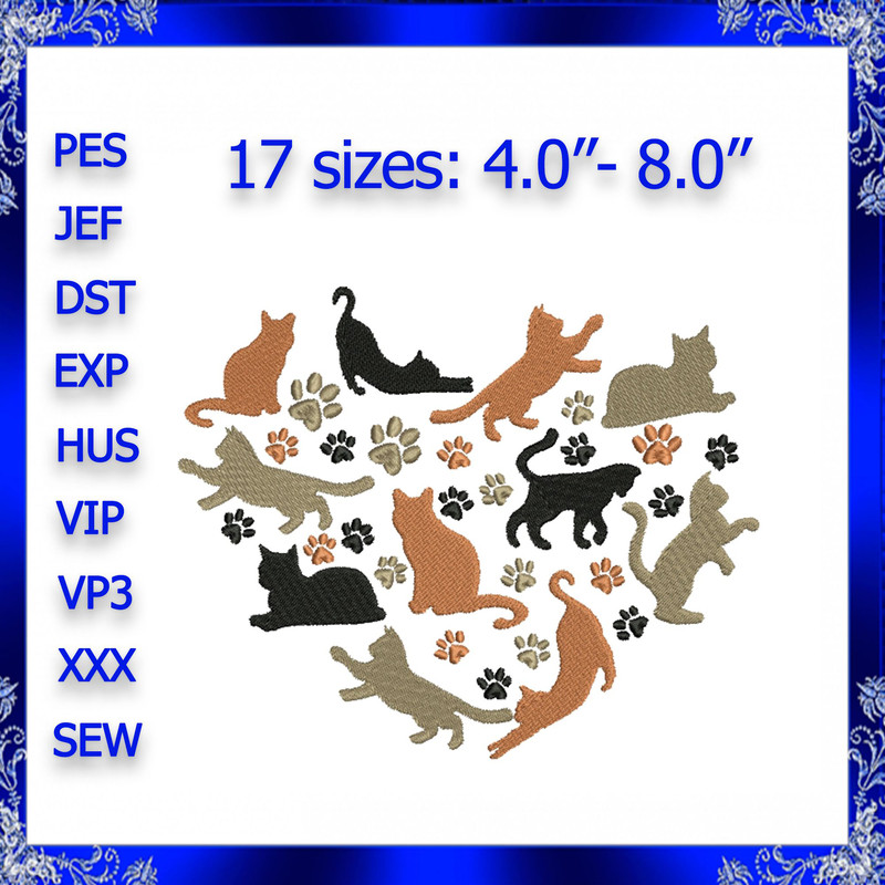 I Love Cat Embroidery Design Love Paw Cat Machine Embroidery Cat Silhouette Embroidery Kitty Design 0