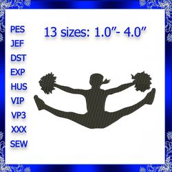 cheerleader silhouette embroidery design digital download for machine embroidery sporty girl cheer jump pattern pom pom