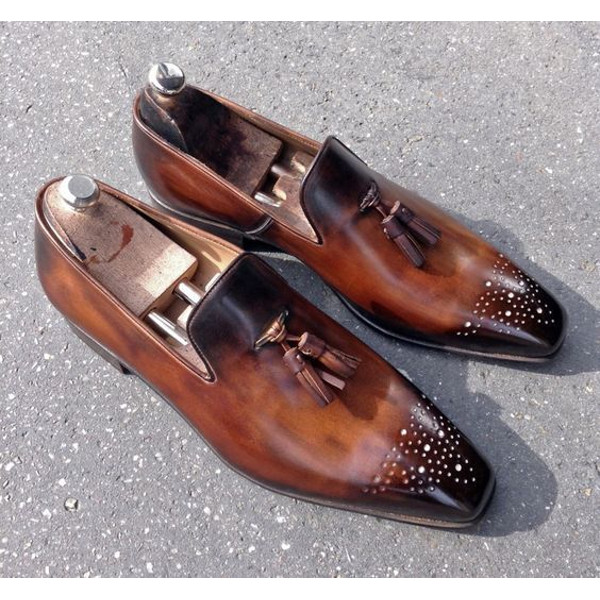 Men's  Handmade Tasselled loafers with a single leather sole in two tone Cognac.jpg