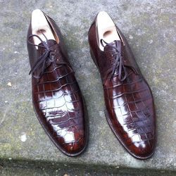 Men's Handmade Brown Alligator Texture Leather Lace Up Dress Shoes