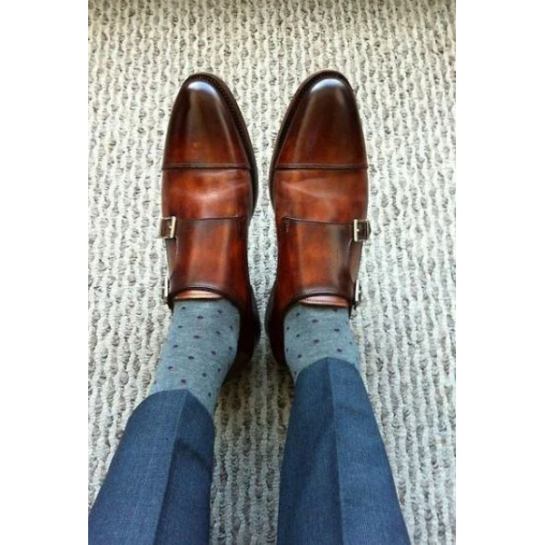 Men's Double Buckle Handmade Brown Leather Shoes, Luxury shoes, italian shoe.jpg