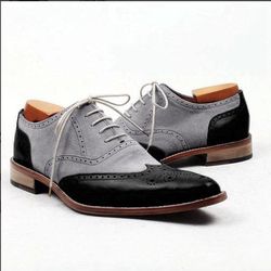 Men's Handmade Black Gray Leather Suede Lace Up Formal Shoes