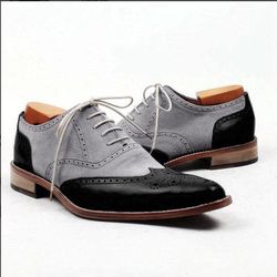 men's handmade black gray leather suede lace up formal shoes