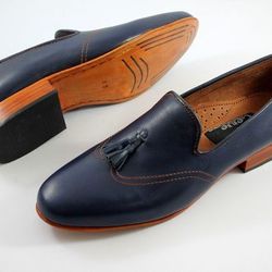 Men's Handmade Blue Leather Tassels Loafor's Shoe