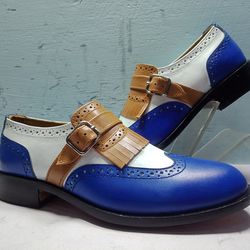 Men's Handmade Brown & Blue White Brogue Single Monk Leather Handmade Shoe