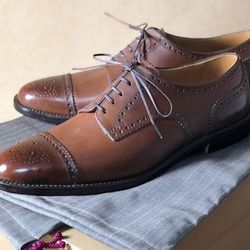 men's handmade brown color leather toe cap lace up shoes