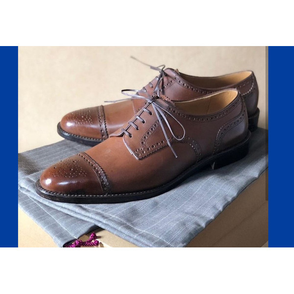 Men's Handmade  Brown Color Leather Toe Cap Lace Up Shoes.jpg