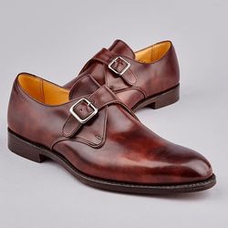 men's handmade brown tan color leather shoes, monk strap formal shoes
